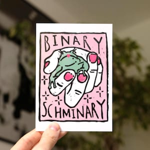 Binary Schminary Postcard Print A6 - Trans Pride Art Postcard, Queer LGBT Illustration, Non Binary Pride Gift