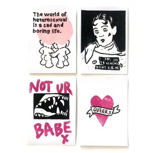 Queers, juego de postales en linograbado: miniimpresiones originales en linograbado, arte inclusivo LGBTQ+, idea de regalo divertida, divertida y adorable para personas trans, obras de arte sobre los derechos de las personas trans