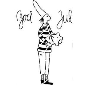 Könnte beinhalten: Schwarz-Weiß-Illustration einer Figur mit gestreiftem Hemd und hohem Hut, die ein Schwein hält. Die Worte "God Jul" sind handschriftlich über der Figur geschrieben. Das Bild befindet sich auf weißem Hintergrund.