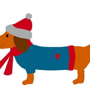 May include: A brown dachshund wearing a blue sweater with a red heart on the front, a red scarf, and a red and white Santa hat.