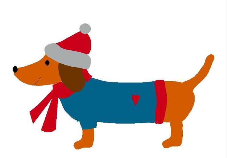 May include: A brown dachshund wearing a blue sweater with a red heart on the front, a red scarf, and a red and white Santa hat.