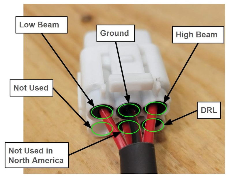 May include: A close-up of a white electrical connector with black and red wires. Text labels include "Low Beam", "Ground", "High Beam", and "DRL". The text "Not Used" and "Not Used in North America" are also visible.