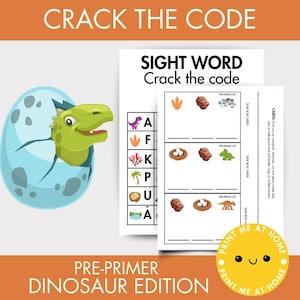 以下が含まれることがあります： 「CRACK THE CODE」と「SIGHT WORD」のテキストが入った、教育用の印刷可能なゲーム。卵から孵化する恐竜と、恐竜をテーマにしたイラストと「PRE-PRIMER DINOSAUR EDITION」のテキストが入ったタスクカードが特徴です。