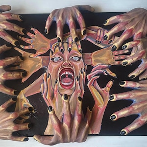 NitPick - Surrealistisk akrylmålning med händer av polymerlera, gotisk väggkonst