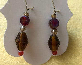 Amber Fire- Vintage Glass Bead Dangle Earrings