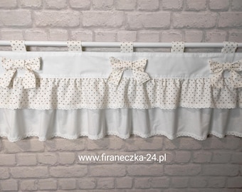 Tenda con volant, fiocchi, bretelle in pizzo, cotone, bianco, beige, pois, stile cottage, boho, shabby chic