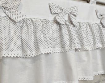 Gordijnen met ruches, strikken, kant, bretels, katoen, wit, grijs, stippen, cottage, boho, shabby chic gordijn
