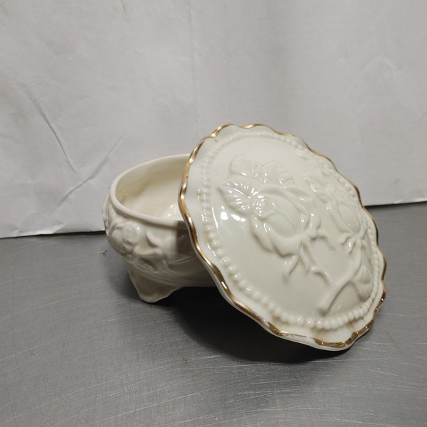 Porcelain Trinket Box With Embossed Roses And Gold Trim