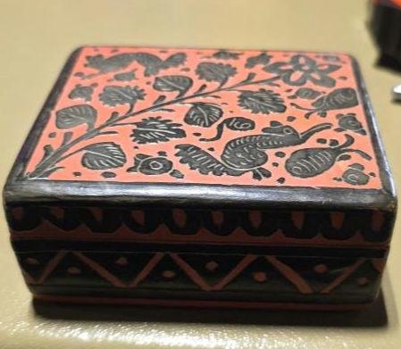 Mexican Olinala Trinket Box - 4" Red Black Lacquer Wood Rabbit Fish Flower