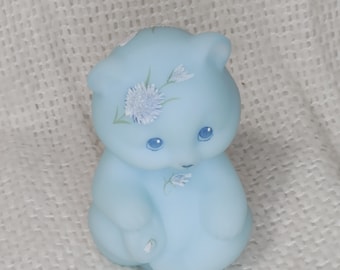 Fenton Bear Blue Satin Glass Hand painted Signed