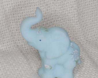 Fenton Blue Satin Glass Elephant Hand Painted Glitter Flower Signed Figurine