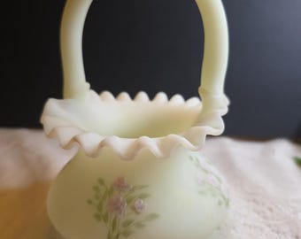 Fenton custard Basket with pink blossoms glows
