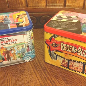 2 "Orville Redden Budders" collectible metal tins for Orville Redenbacher's popcorn