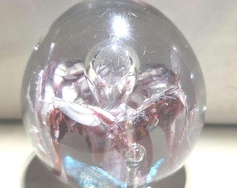 Vintage Round Art Glass Paperweight Red White Swirl Big Bubble