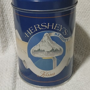 1989 Vintage HERSHEY&#39;S Kisses blue metal tin 6&quot;