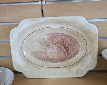 Bandeja vintage de Salem China Co. de cerámica roja con borde repujado, 13,5 x 10 pulgadas.