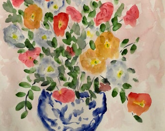 Blue And White With Flowers original watercolor painting