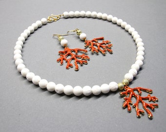 SET: Coral necklace and earrings - white, orange, gold, enamel
