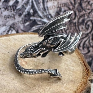 Dragon Ring - Sterling Silver Adjustable Ring, Medieval Jewelry, Earrings, Fantasy, Dragon Jewelry, Wisdom, Strength, Myths and Legend Gifts