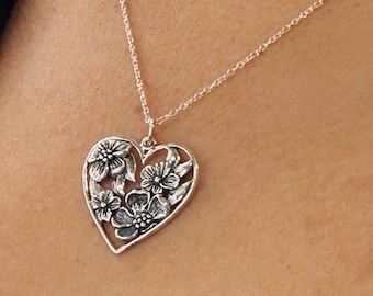 Sterling Silver Heart Pendant With Apple Blossoms Necklace