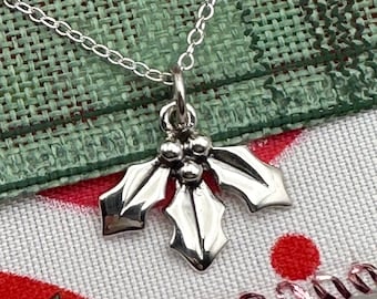 Holly Necklace - Sterling Silver Holly Necklace, Berry Necklace, Holiday Jewelry, Christmas Necklace, Christmas Jewelry, Holly Flower Gift