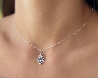Dainty Sacred Heart Necklace - Sterling Silver Tiny Heart Choker, Mother's Day Gift, Sacred Heart, Flaming Heart, Milagro, Catholic Heart
