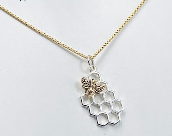 Dainty Sterling Silver Honeycomb Bee Necklace - Tiny Silver and Gold Bee Jewelry, Bumble Bee, Honey Bee Jewelry, Mom Gifts, Graduation