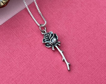 Silver Rose Necklace - Single Rose Flower Necklace, Dainty Flower, Simple Necklace, Mother's Day Gifts, Garden Flowers, Rose Flower Stem