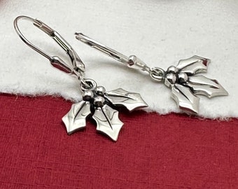 Holly Earrings - Sterling Silver Mistletoe Earrings, Mistletoe Earrings, Lever back Christmas Earrings, Teacher Gifts, Mistletoe Jewelry