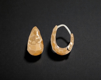 Gold Earrings - Dainty Hammered Gold Huggies, Teardrop Huggie Earrings, Everyday Earrings, Sterling Silver Post, Classic Huggie Hoop