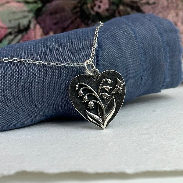 Sterling Silver Lily of the Valley Heart Necklace - Mother's Day Necklace, Flower Jewelry, Mom Gifts, Sister Gift, May Birth Flower, Luck