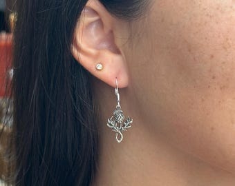 Thistle Earrings - Scottish Thistle Earings, Nature Jewelry, Silver Herb Flowers, Scotland Jewelry, Scottish Jewelry, Lever Back Earrings