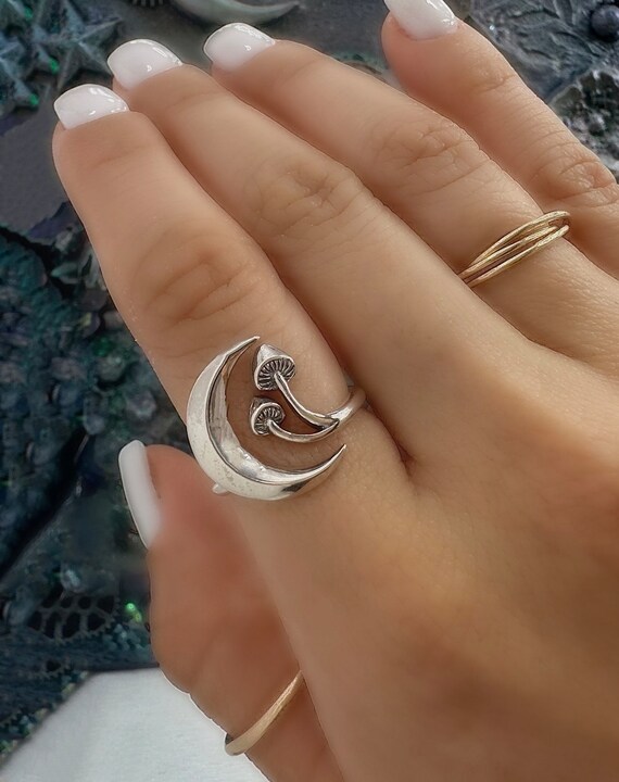 Sterling Silver Moon Ring Silver Mushroom Moon Ring Adjustable Ring Moon Ring Spring Jewelry Gothic Ring Crescent Moon Ring Magic Etsy