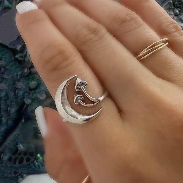 Sterling Silver Moon Ring - Silver Mushroom Moon Ring, Adjustable Ring, Moon Ring, Spring Jewelry, Gothic Ring, Crescent Moon Ring, Magic
