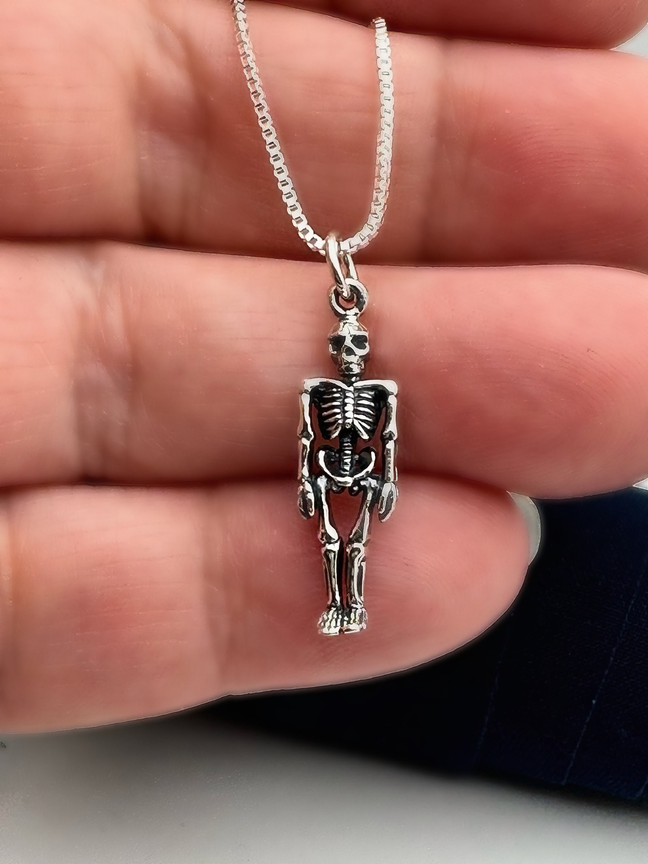 Sterling Silver Skeleton - Small Skelton Necklace, Skull and