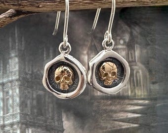Sterling Silver Skull Earrings - Tiny Wax Seal Skull Earrings, Symbolic Jewelry, Gothic Earrings, Skull Jewelry, Halloween Jewelry, Skulls