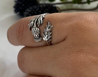Sterling Silver Thistle Ring - Scottish Thistle Ring, Adjustable Ring, Symbolic Jewelry, Nature Jewelry, Silver Herb Rings, Flower, Scotland