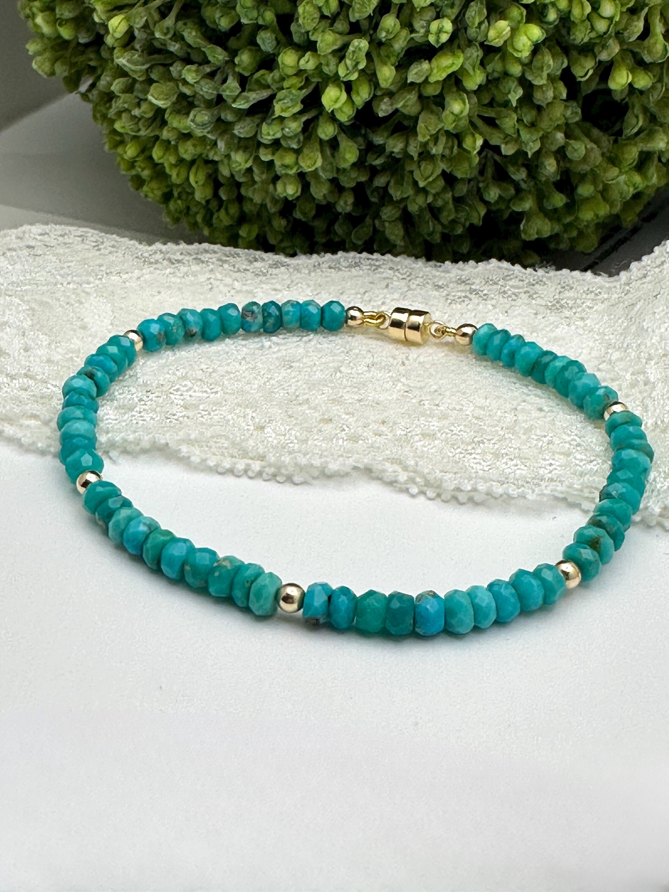 14k Gold Turquoise Bracelet - Blue Green Turquoise, Dainty Bracelet, Gemstones, Bracelet, Genuine Gemstones, December Birthstone, Solid Gold