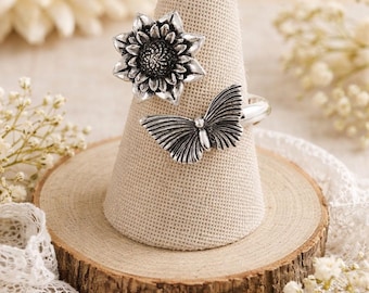 Sterling Silver Butterfly Ring - Butterfly and Dahlia Ring, Flower Adjustable Ring, Symbolic Jewelry, Silver Chunky Ring, Butterfly Ring