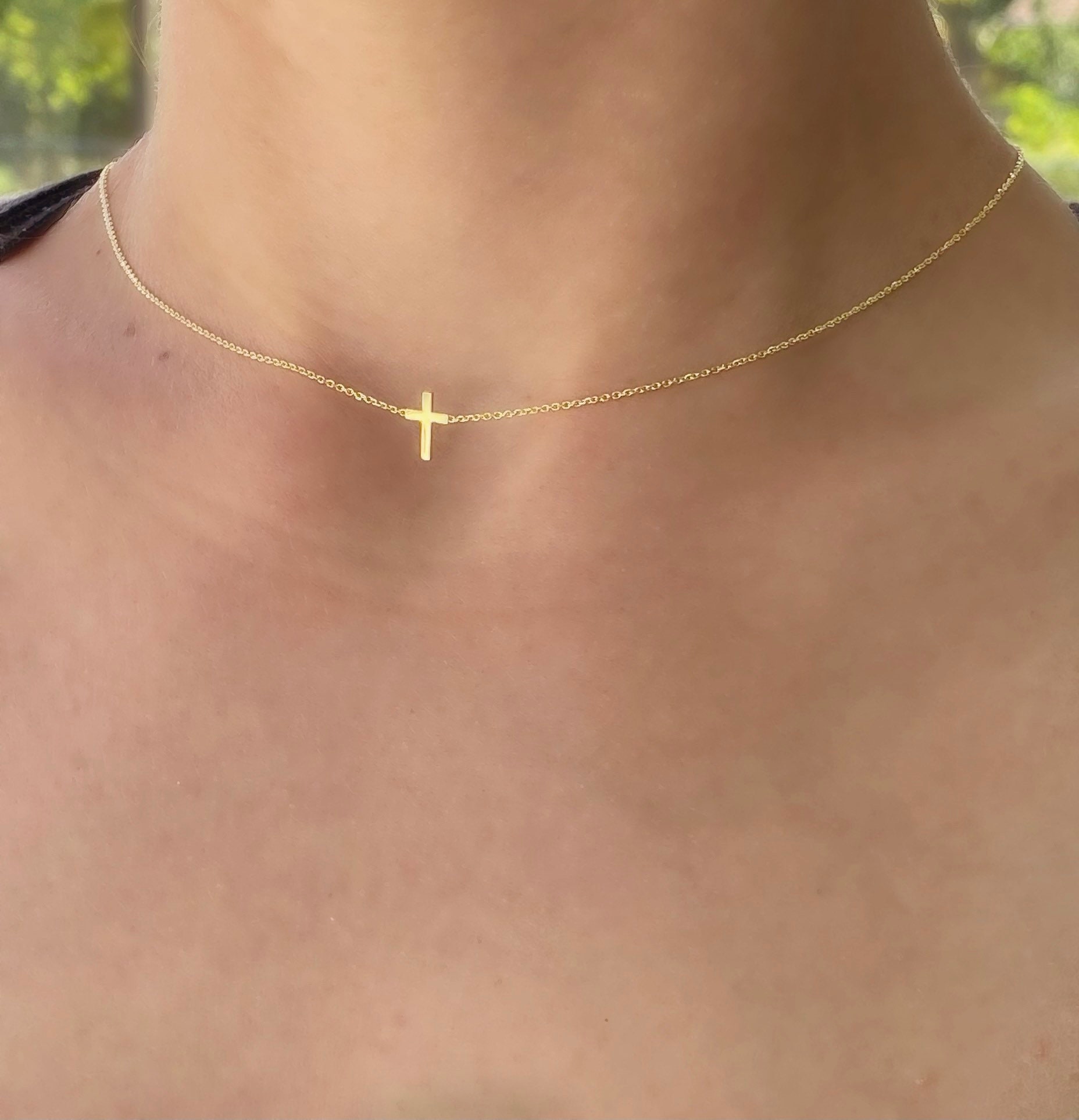 14k Gold Cross Necklace - Simple Thin Gold Cross - Solid Chain - LE2740
