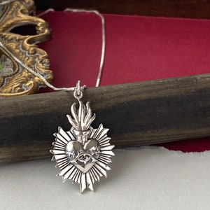 Sacred Heart Necklace, Sterling Silver Sacred Heart - Love Necklace, Gift for Mom, Flaming Heart, Milagro, Catholic Heart, Gold Filled Heart