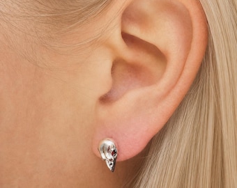 Sterling Silver Sparrow Skull Earrings - Silver Bird Skull Stud Earrings, Symbolic, Gothic Earrings, Skull Jewelry, Gothic Bird Skulls