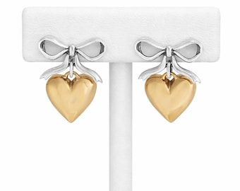 Heart Earrings - Ribbon Heart Stud Earrings - Bow with Dangle Drop Earrings, Dainty Gold Dangle Heart Studs, Ribbon Earrings, Bow Earrings