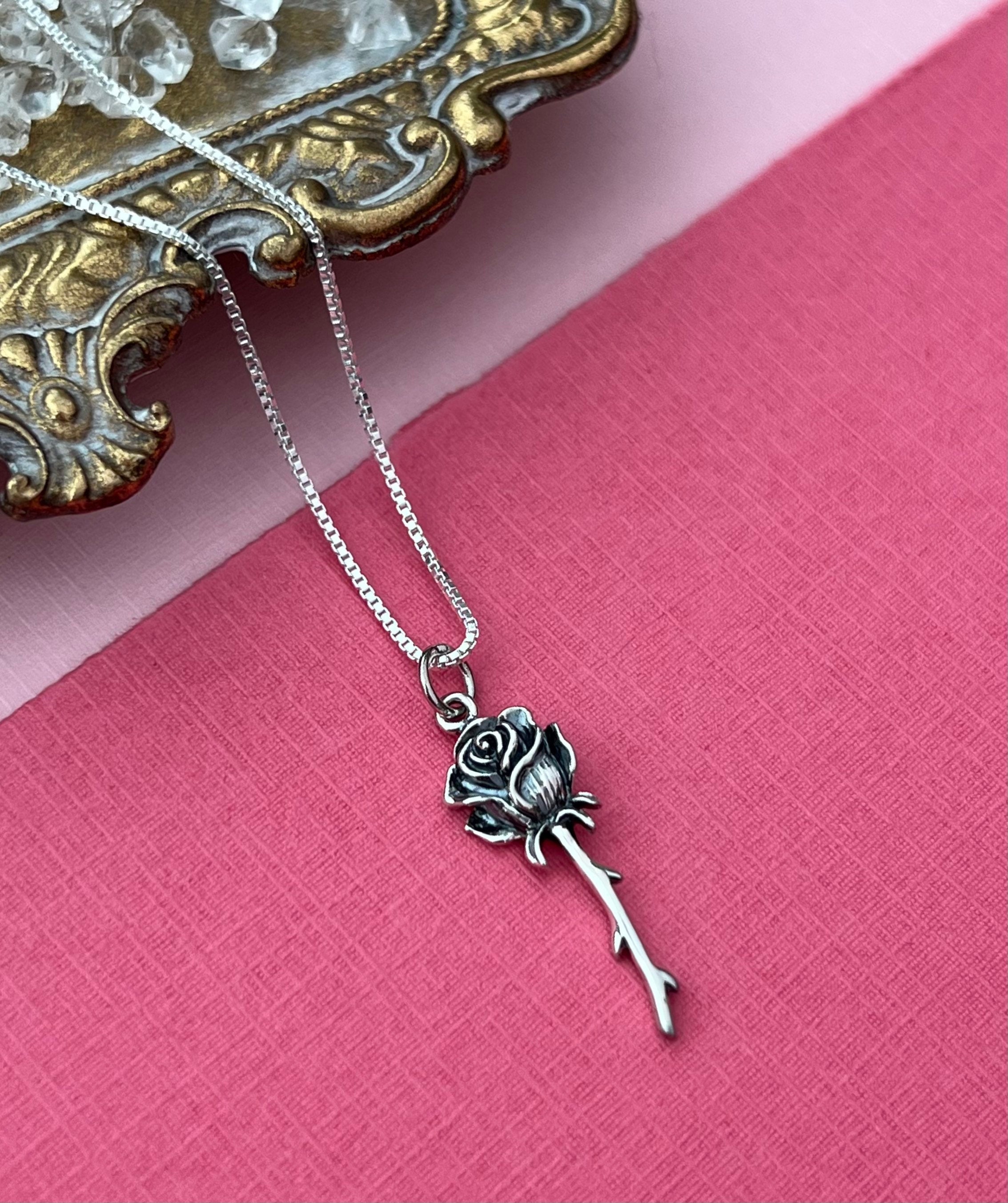 Silver Rose Necklace Single Rose Flower Necklace Dainty Flower Simple Necklace Mother s Day Gifts Garden Flowers Rose Flower Stem Etsy