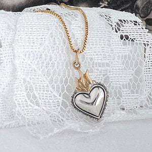 Gold Sacred Heart, Silver Sacred Heart Necklace - Love Necklace, Gift for Mom, Flaming Heart, Milagro, Catholic Heart, Communion Gift