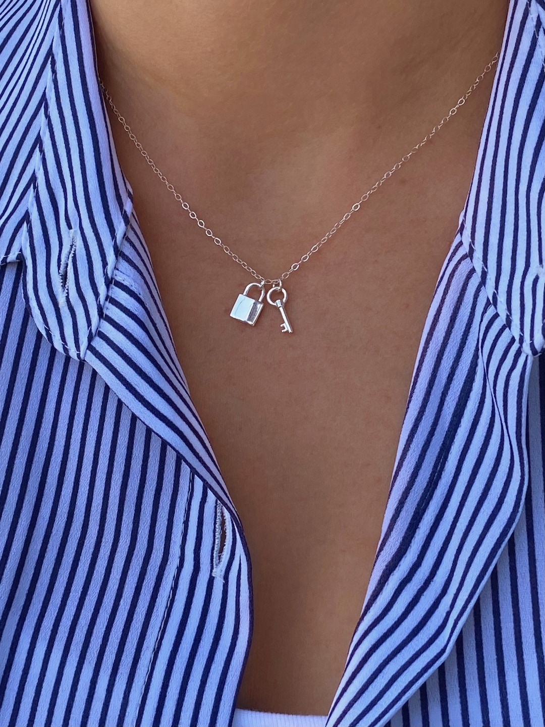 【KIMHEKIM】Lock Key Pendant Small Chain Necklace Small Lock and Key Necklace, Sterling Silver Padlock
