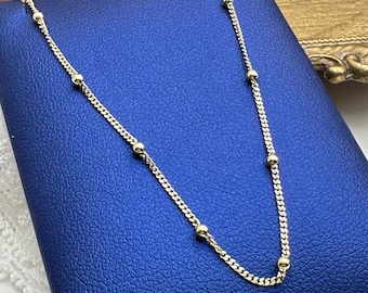 14K Gold Satellite Chain, Bead Station Necklace - 14K Solid Gold Beaded Chain, Layering Necklace, Graduation Gift, Christmas Gift, Pure Gold
