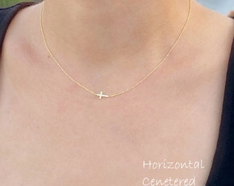 14k Gold Cross Necklace - Tiny Solid 14K Gold Sideways Cross, Gold Dainty Cross, Everyday Jewelry, Faith, Daughter, Gift for Mom, Communion