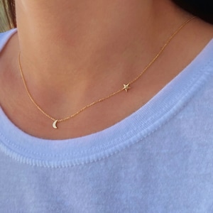 Solid 14k Gold Moon and Star Necklace, Tiny 14k Gold Moon, Gold Tiny Necklace, Moon Choker, Graduation Gift, Daughter, Dainty Star Choker