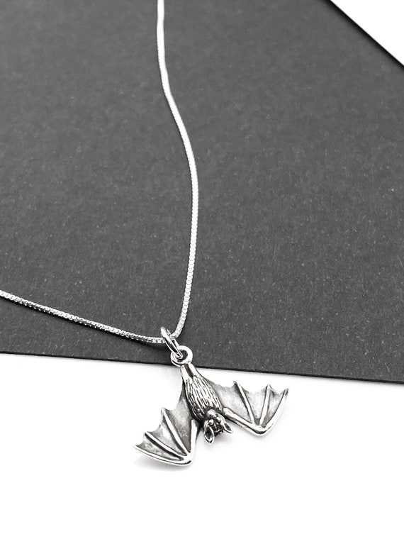 sterling silver realistic hanging upside down bat necklace
